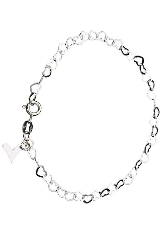 Sterling Silver Flat Heart Link Charm Bracelet Nickel Free Chain Italy, 7.5"