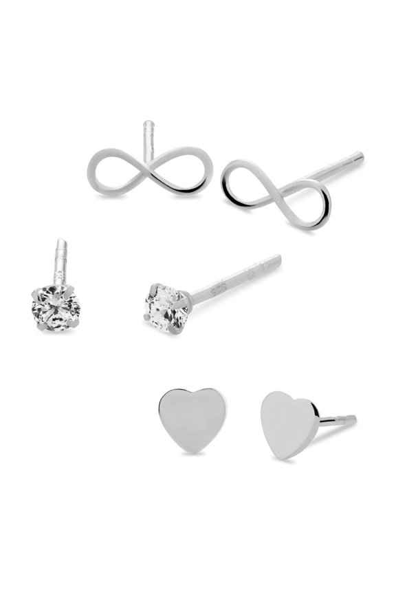 Sterling Silver Flat Heart, White Cubic Zirconia and Infinity Stud Earrings Set
