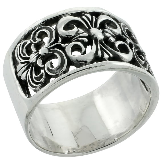 Sterling Silver Fleur de Lis Wide Cigar Band Flat 9/16 inch wide, size 8.5