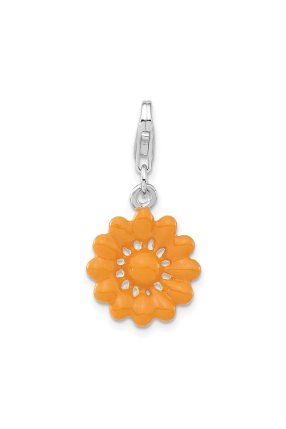 Sterling Silver Floral Charm with Orange Enamel Flower, Lobster Clasp Pendant for Women, Symbolizes Joy and Growth, Spring and Summer Jewelry for Collectors and Bracelet Accessories