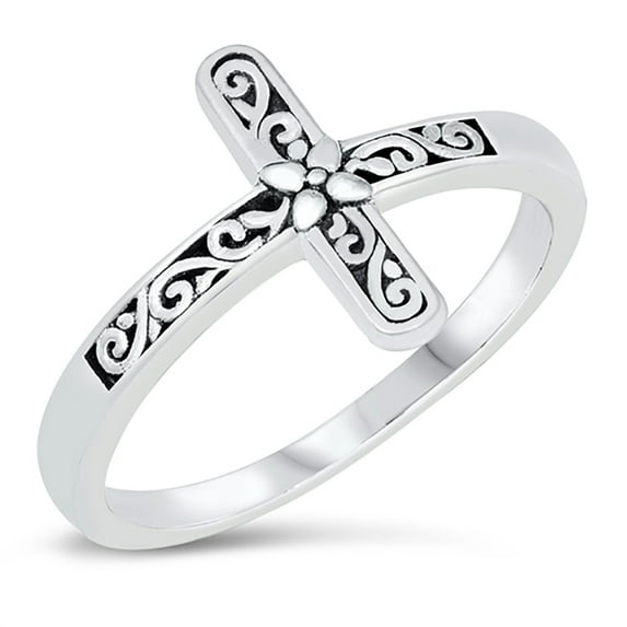 Sterling Silver Floral Filigree Cross Ring Size 6