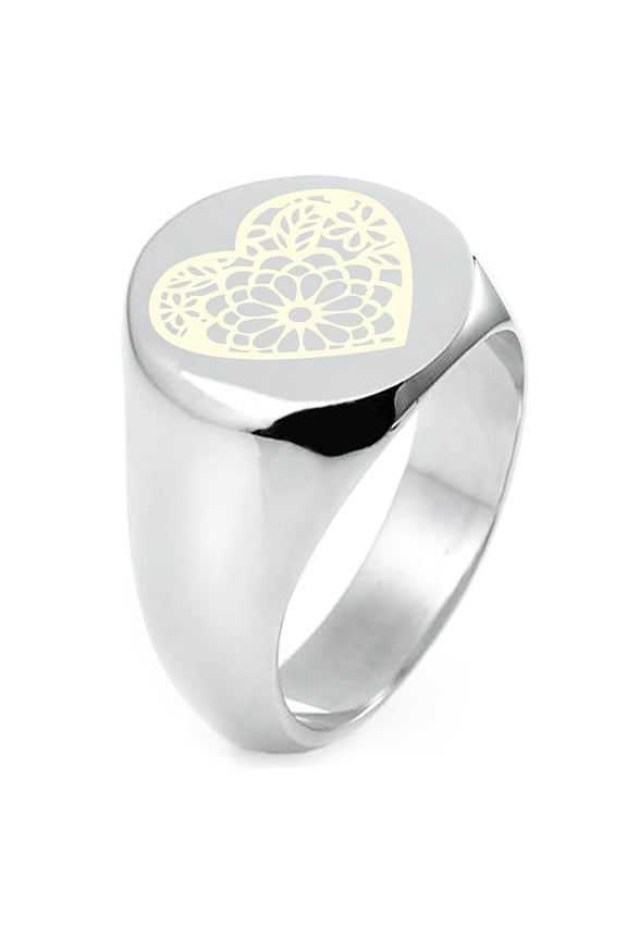 Sterling Silver Floral Lotus Heart Engraved Round Flat Top Polished Ring