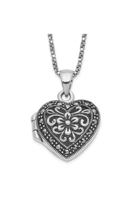 Sterling Silver Floral Pattern Marcasite Heart Locket 18" Necklace