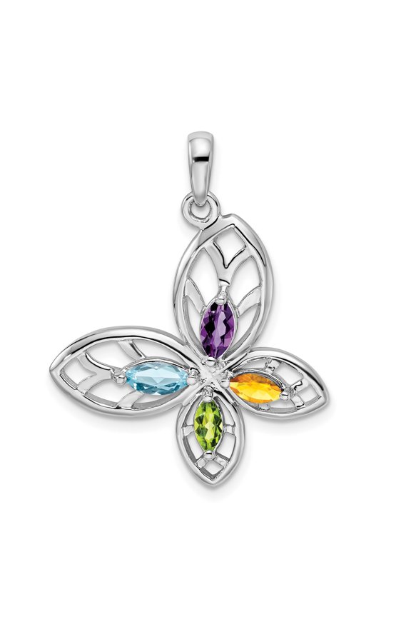 Sterling Silver Floral Pendant Necklace for Women with Marquise Amethyst Blue Topaz Citrine Peridot, Nature Inspired Open Petal Design, Colorful Botanical Style Jewelry