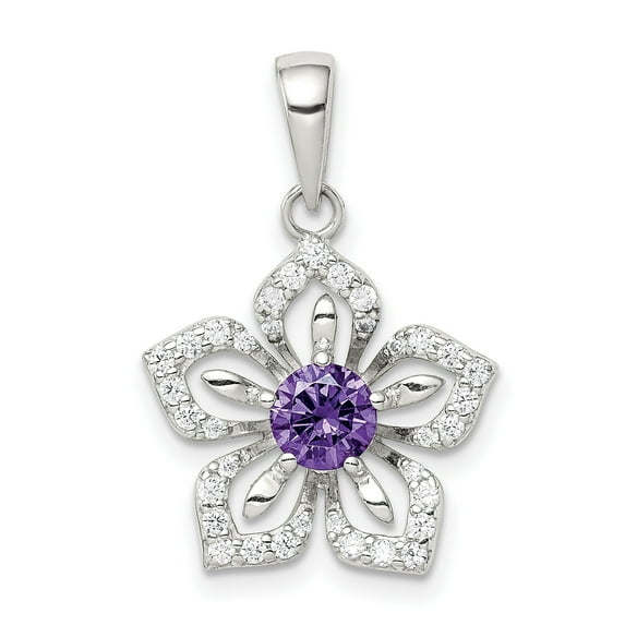 Sterling Silver Flower Pendant with Purple and White Cubic Zirconia, Polished
