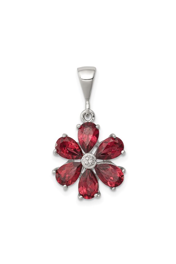 925 Sterling Silver Natural Garnet Flower Pendant Charm with Diamond Accent for Women