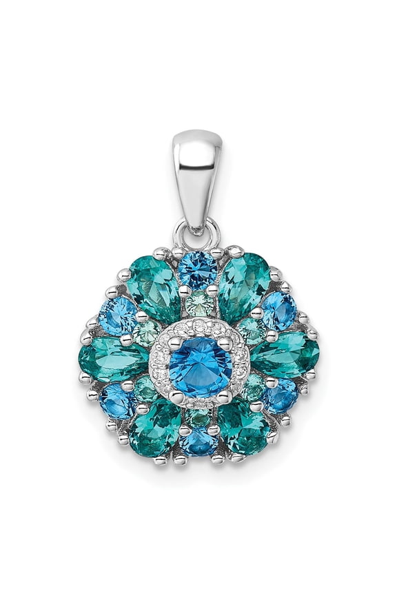 Sterling Silver Floral Pendant Necklace with Round Blue and Teal Gemstones, Elegant Crystal Flower Jewelry for Women, Formal Unique Statement Style