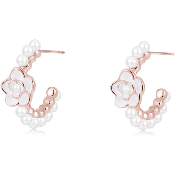 Sterling Silver Flower Pearls Hoop Earrings for Women Teens Huggie Earrings Wedding Earrings for Statement Bridal Mothers Day Gifts Jewelry