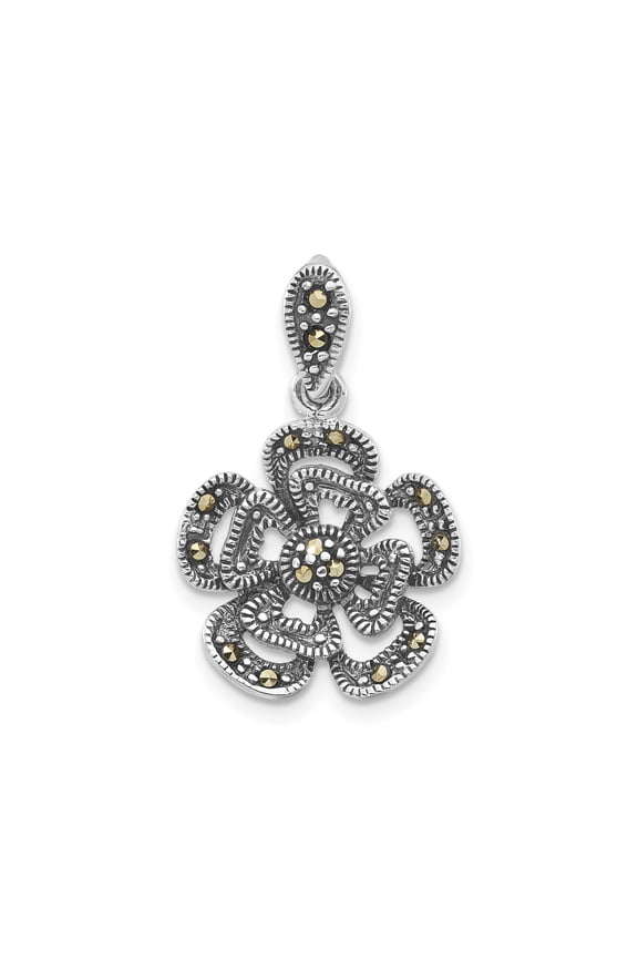 Sterling Silver Flower Pendant Necklace with Marcasite Accents, Openwork Floral Design for Women, Vintage Boho Romantic Feminine Jewelry Charm