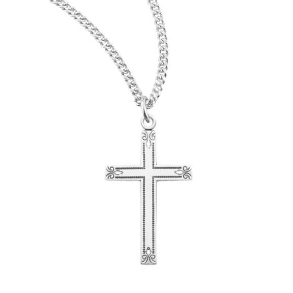 Sterling Silver Flower Tipped Cross Pendant Necklace, 1.6" x 0.9", 18" Rhodium Plated Stainless Steel Chain, Made in USA- Deluxe Velvet Gift Box Included