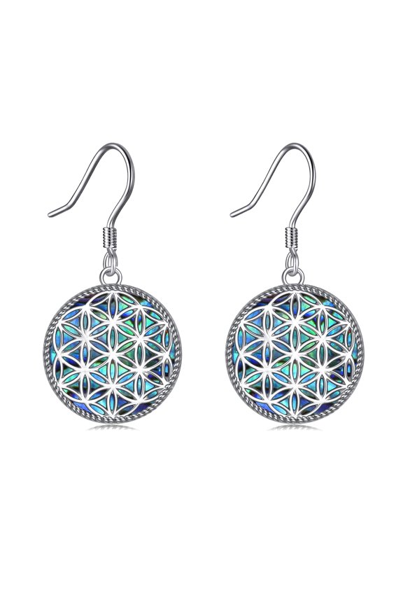 Sterling Silver Flower of Life Dangle Drop Earrings with Abalone Shell