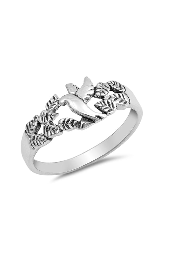 Sterling Silver Flying Dove With Leaves Ring