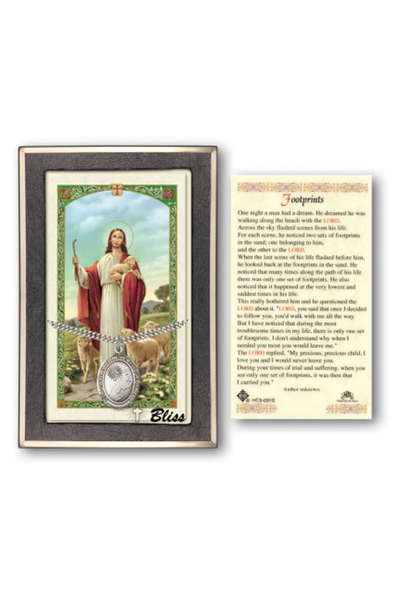 Sterling Silver Footprints / Cross Medal on a 24 inch Heavy Curb Chain with a Good Shepherd - Footprints Prayer Card.