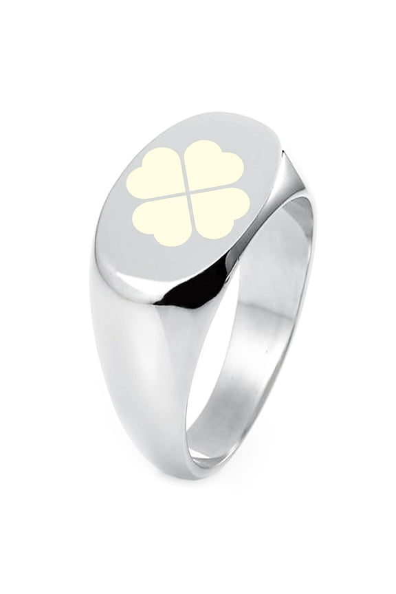 Sterling Silver Four Leaf Clover Heart Engraved Oval Flat Top Polished Ring
