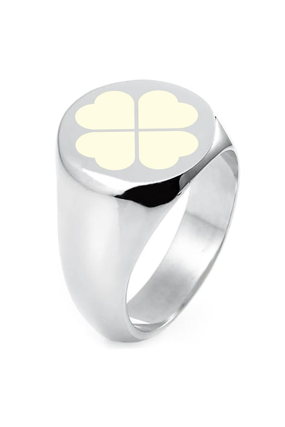 Sterling Silver Four Leaf Clover Heart Engraved Round Flat Top Polished Ring