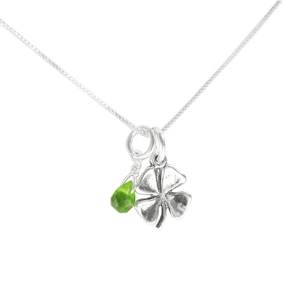 Sterling Silver Four Leaf Clover and Green Crystal Necklace, 20 Inch