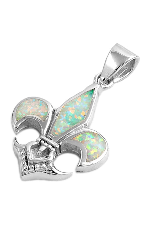 Sterling Silver French Fleur De Lis Pendant White Simulated Opal Charm Jewelry Female Unisex