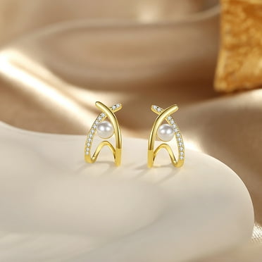 Sterling Silver French Geometric Cross Pearl Stud Earrings 925 Silver Fashion Premium X-Word Synthetic Pearl Earrings Women