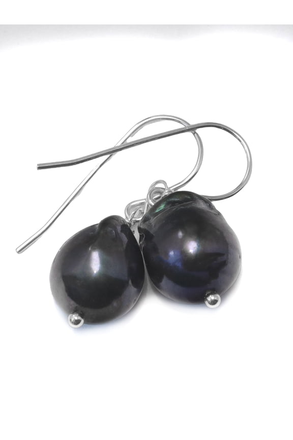 Sterling Silver Freshwater Cultured Baroque Pearl Earrings Peacock Black Pearls Large Drops Designed for Adult Women and