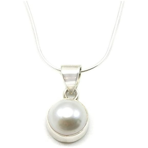 Sterling Silver Freshwater Cultured Pearl Necklace Pendant Bezel Button Snake Chain (12.0-12.5mm), 18" Designed for Adult Women