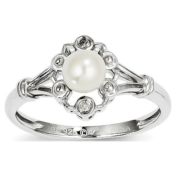Sterling Silver Freshwater Cultured Pearl and Diamond Ring - Size 7 - Measures 2mm Wide