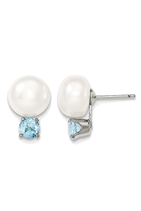 Sterling Silver Freshwater Cultured White Button Pearl 10-11mm Solitaire Stud Earrings with Blue Topaz for Women