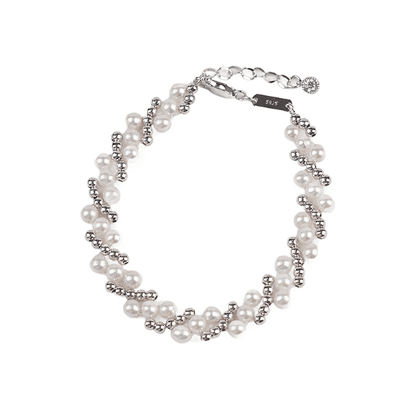 Sterling Silver Freshwater Pearl Bracelet for Women, Interwoven Beaded Design Elegant Bridal Wedding Party Fashion Jewelry Gift