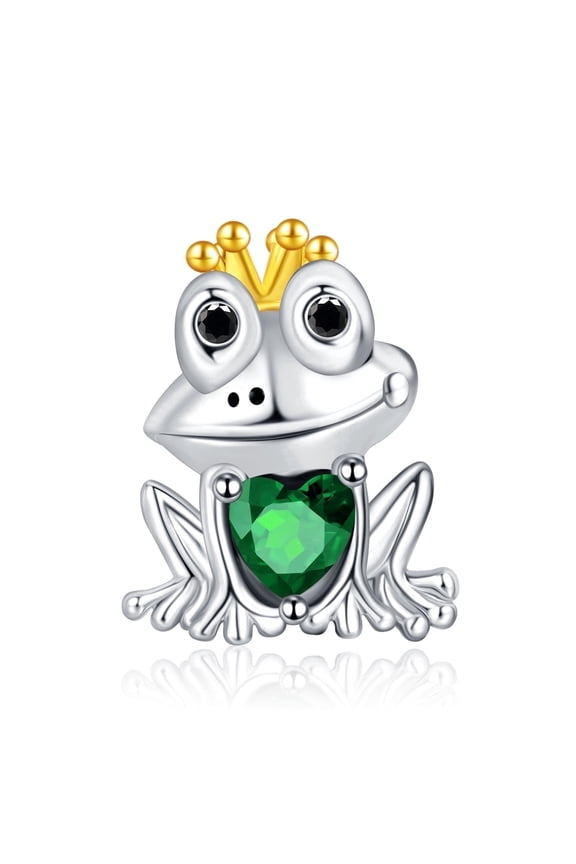 Frog Princess Crown Clear Enamel Bead Charm, 925 Sterling Silver