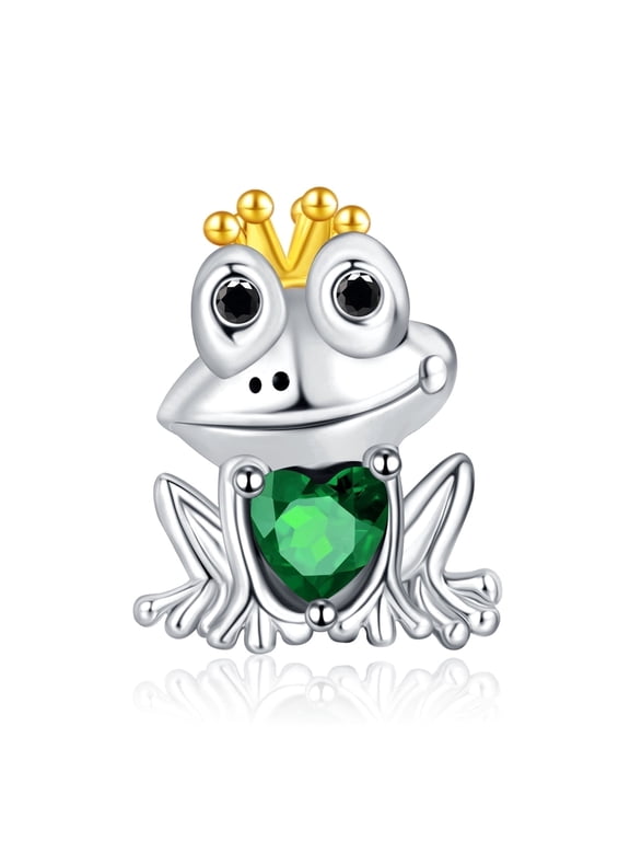 Frog Princess Crown Clear Enamel Bead Charm, 925 Sterling Silver