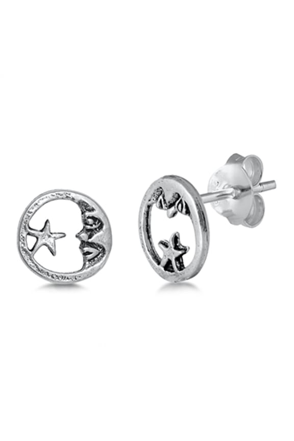 Sterling Silver Galaxy Crescent Moon Cutout Face Star Celestial Space Earrings Jewelry Female Unisex