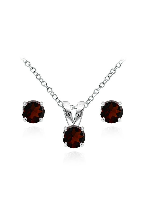 Sterling Silver Garnet 5mm Round Solitaire Pendant Necklace & Stud Earrings Set
