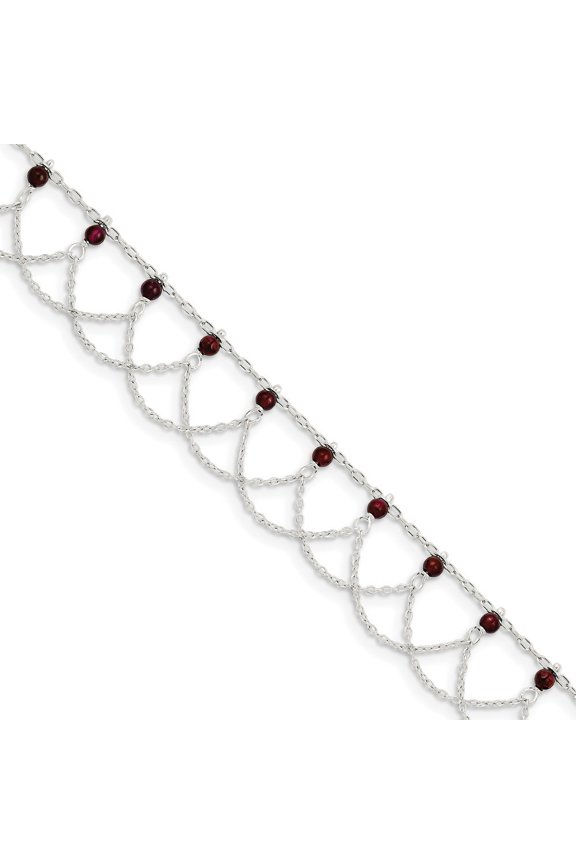 925 Sterling Silver 10 Inch Rhodolite Garnet Beaded Draped Anklet - Measures 1mm Wide
