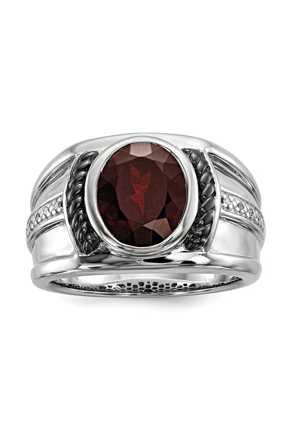 Sterling Silver Garnet & Diamond Oval Black Rhodium-plated Men's Ring