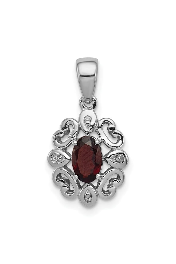 Sterling Silver Garnet Pendant Necklace for Women with Deep Red Oval Stone, Filigree Scrollwork, Vintage Gothic Victorian Romantic Style Jewelry