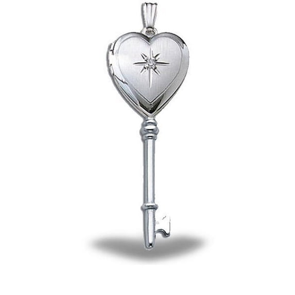 Sterling Silver Genuine Diamond KEY Heart Locket - 1/2 Inch X over 1-1/4 Inch - Sterling Silver