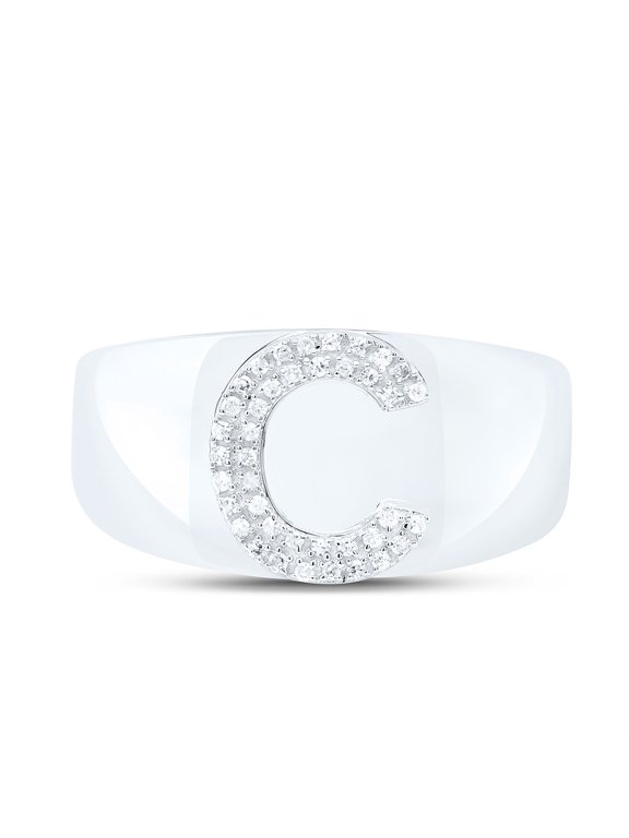 Sterling Silver Genuine Diamond Men's Block Letter C Initial Pinky Ring 1/8 CT