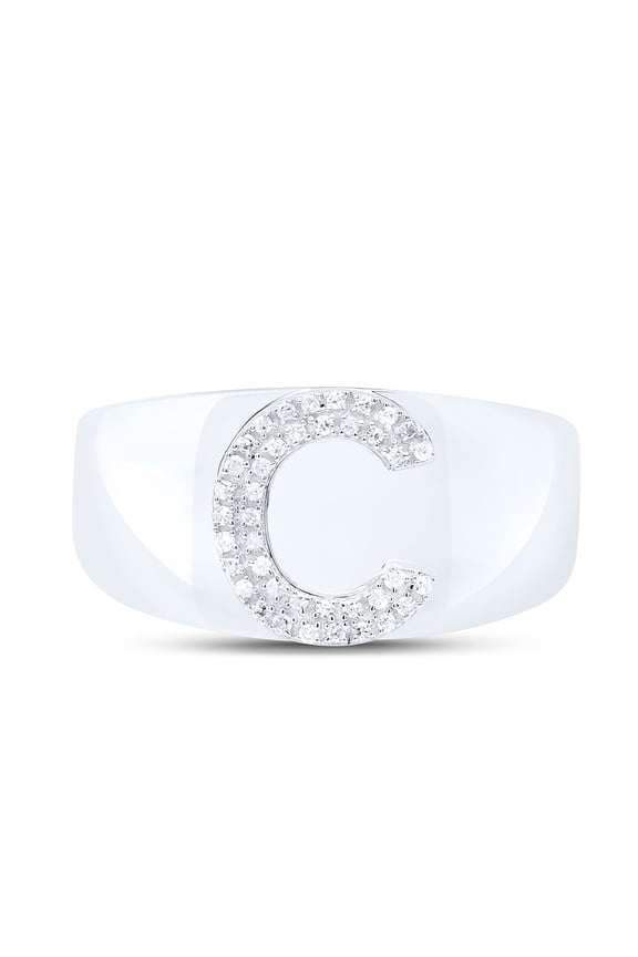 Sterling Silver Genuine Diamond Men's Block Letter C Initial Pinky Ring 1/8 CT