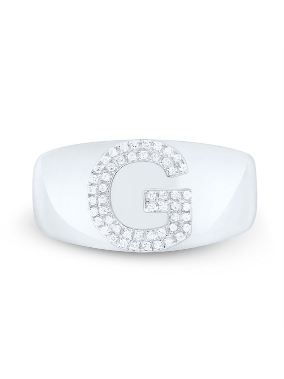 Sterling Silver Genuine Diamond Men's Block Letter G Initial Pinky Ring 1/6 CT