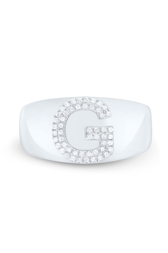 Sterling Silver Genuine Diamond Men's Block Letter G Initial Pinky Ring 1/6 CT