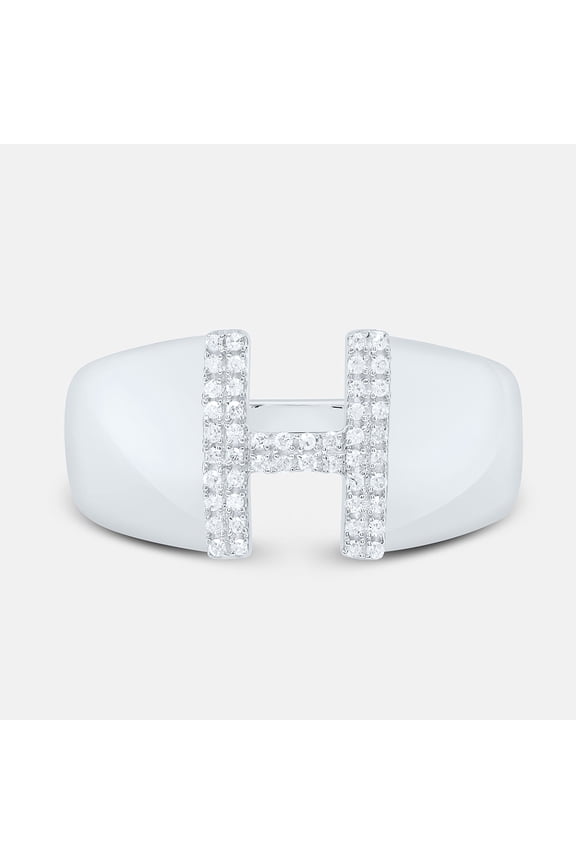 Sterling Silver Genuine Diamond Men's Block Letter H Initial Pinky Ring 1/8 CT