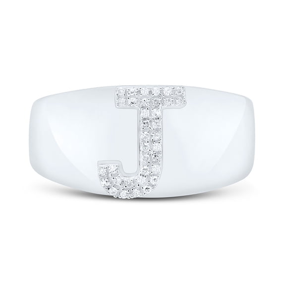 Sterling Silver Genuine Diamond Men's Block Letter J Initial Pinky Ring 1/10 CT