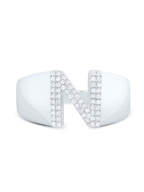 Sterling Silver Genuine Diamond Men's Block Letter N Initial Pinky Ring 1/6 CT
