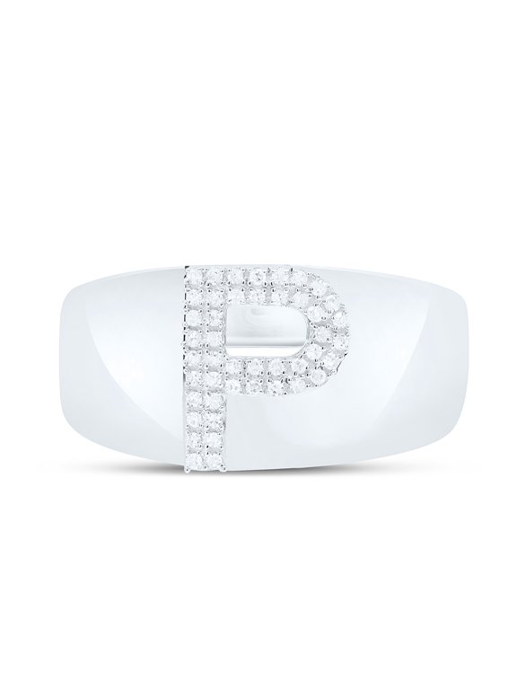 Sterling Silver Genuine Diamond Men's Block Letter P Initial Pinky Ring 1/8 CT
