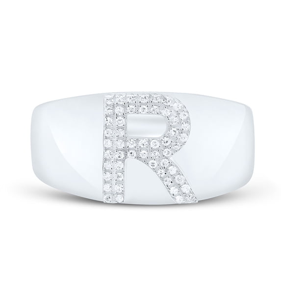 Sterling Silver Genuine Diamond Men's Block Letter R Initial Pinky Ring 1/6 CT
