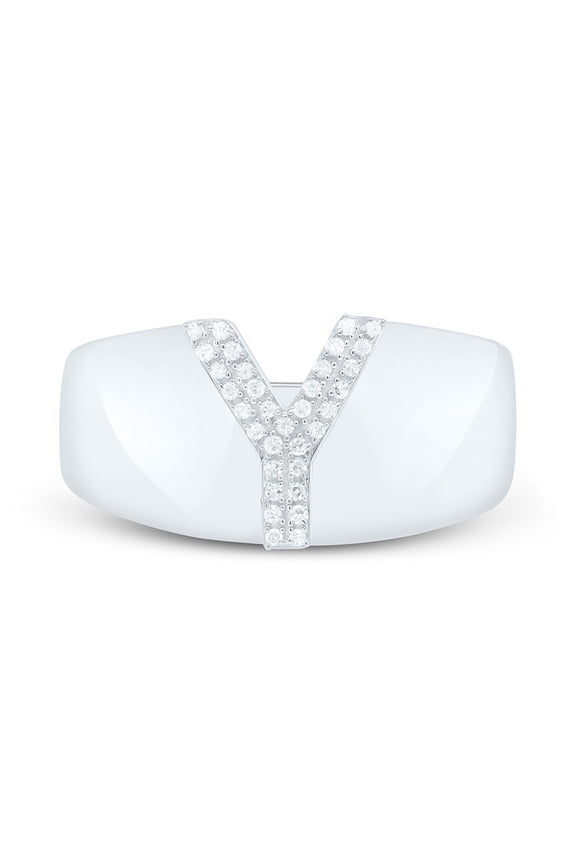 Sterling Silver Genuine Diamond Men's Block Letter Y Initial Pinky Ring 1/10 CT