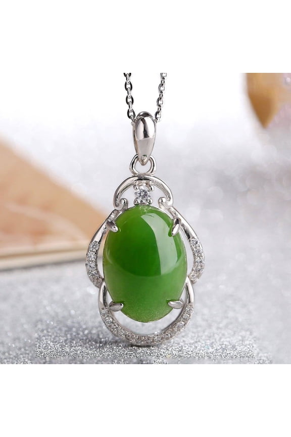 Sterling Silver Genuine Nephrite Green Jade Pendant Neckalce