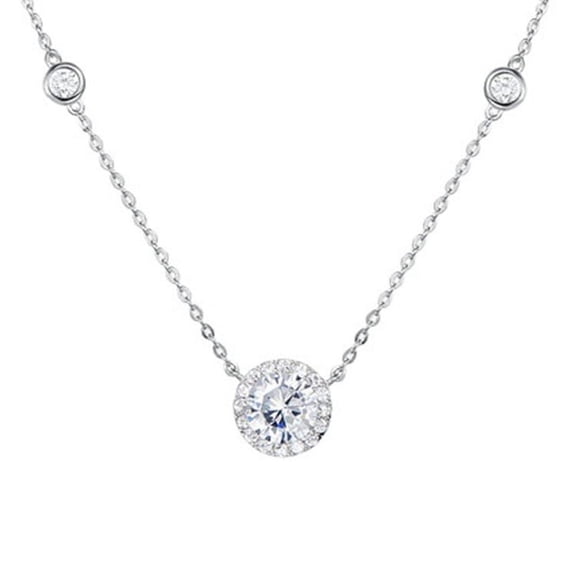 Sterling Silver Genuine or Synthetic Gemstone Round Halo Slide Short Choker Necklace for Women Bridesmaids