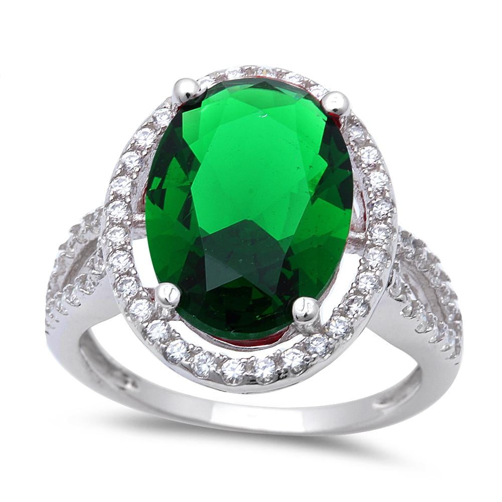 Sterling Silver Giant Simulated Emerald CZ Center Halo Ring Size 8