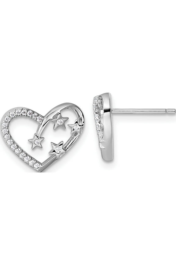 Sterling Silver Glamorous, Refined Cubic Zirconia (Cz) White 21.3 Mm Rhodium-Plated Cz Polished Open Heart With Stars Post Earrings