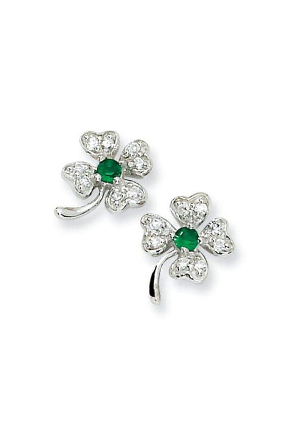 Sterling Silver Glass Sim. Emerald & CZ 4-leaf Clover Post Earring